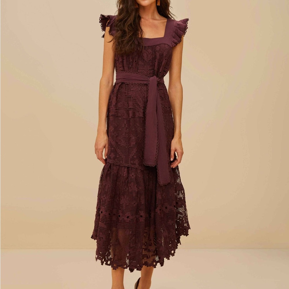 NWT Farm Rio Brown Pineapple Guipure Midi Dress Small Size 4 6